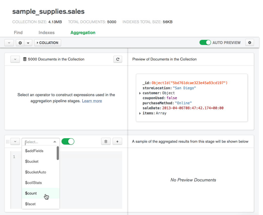 NodeJS MongoDB Aggregation - Select Aggregation Stage